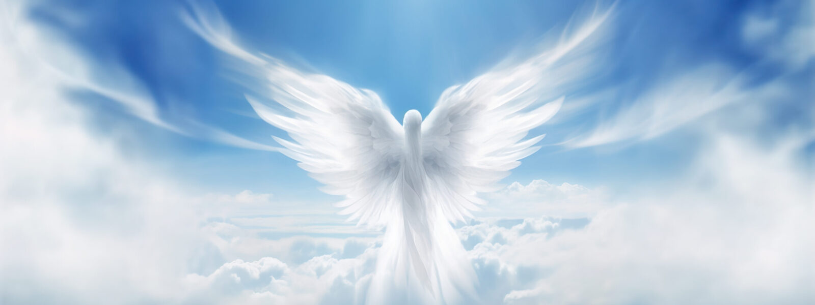 "Angel spirit soaring in a serene blue sky dotted with fluffy clouds, symbolizing the spiritual journey and deeper connection with God encouraged by Speak Connected."