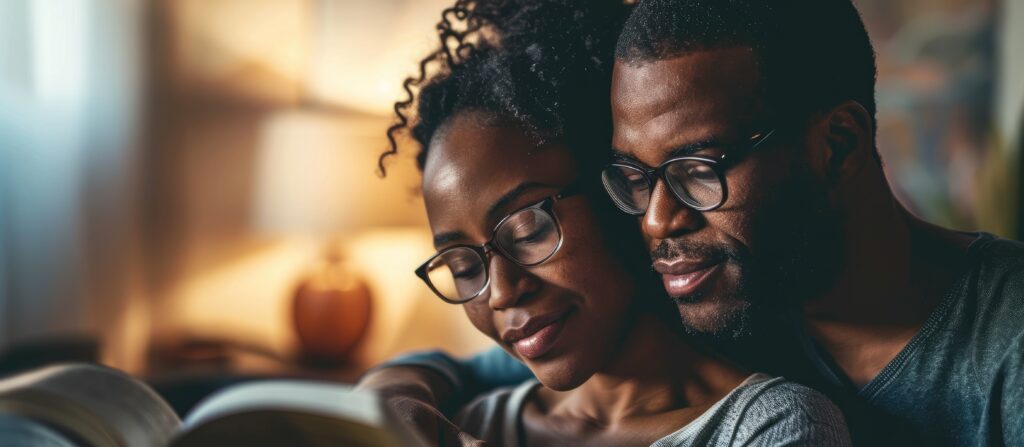 "An African American couple deeply engrossed in reading the Bible at their home, strengthening their faith in God and showcasing that real love is important."