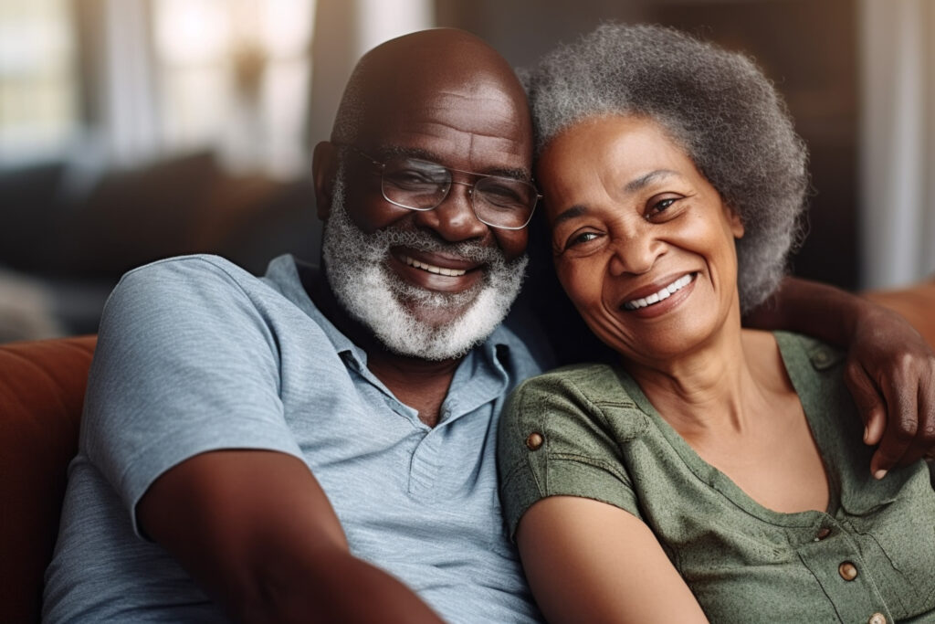 An image of a joyful, elderly black couple looking directly into the camera with smiles that radiate warmth. The husband's arm is lovingly wrapped around his wife, embodying the principle of 'honor in marriage'. Their shared happiness and mutual respect is a testament to their enduring bond.